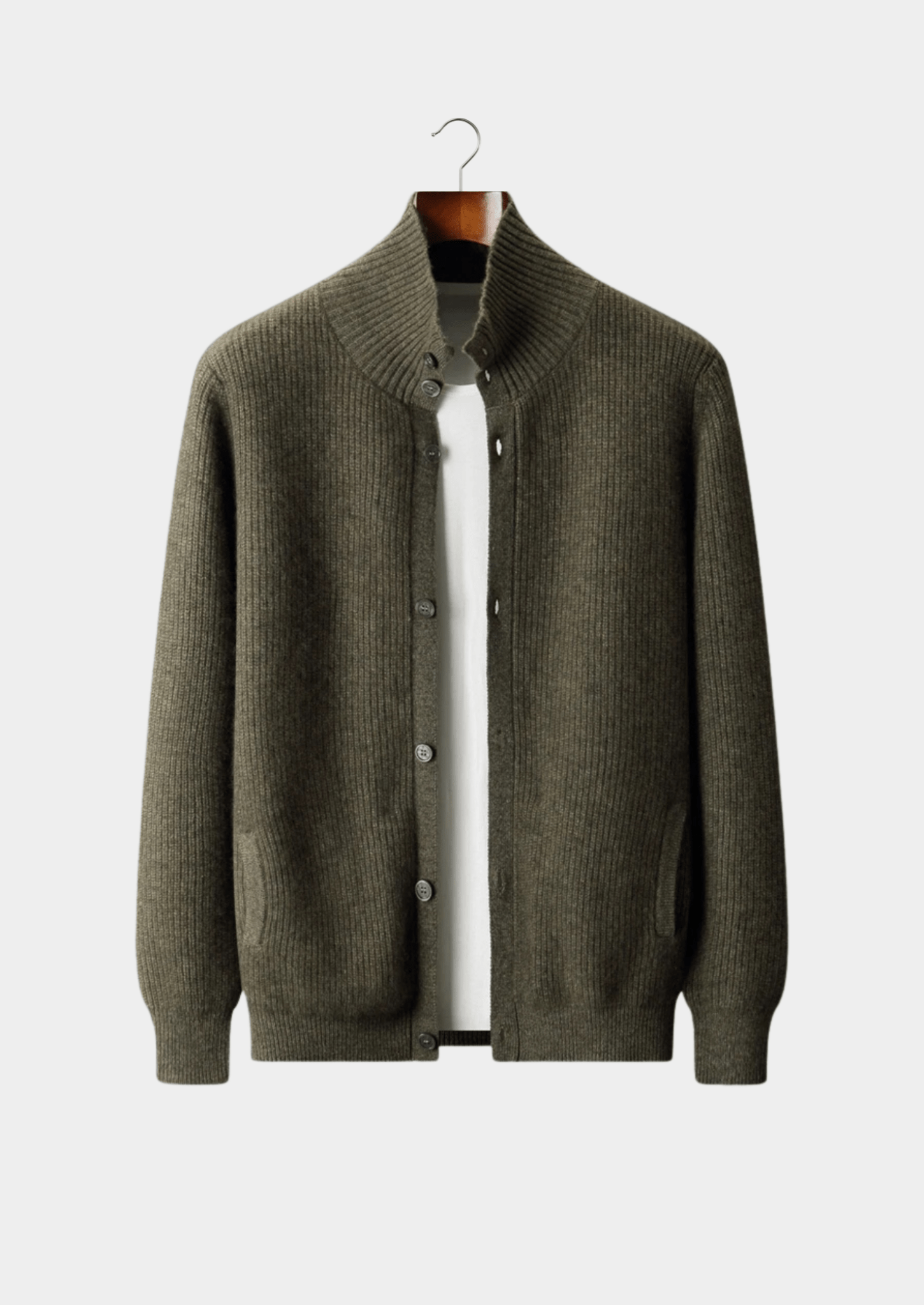 PREMIUM CASHMERE RIBBED HIGH COLLAR CARDIGAN - Derada