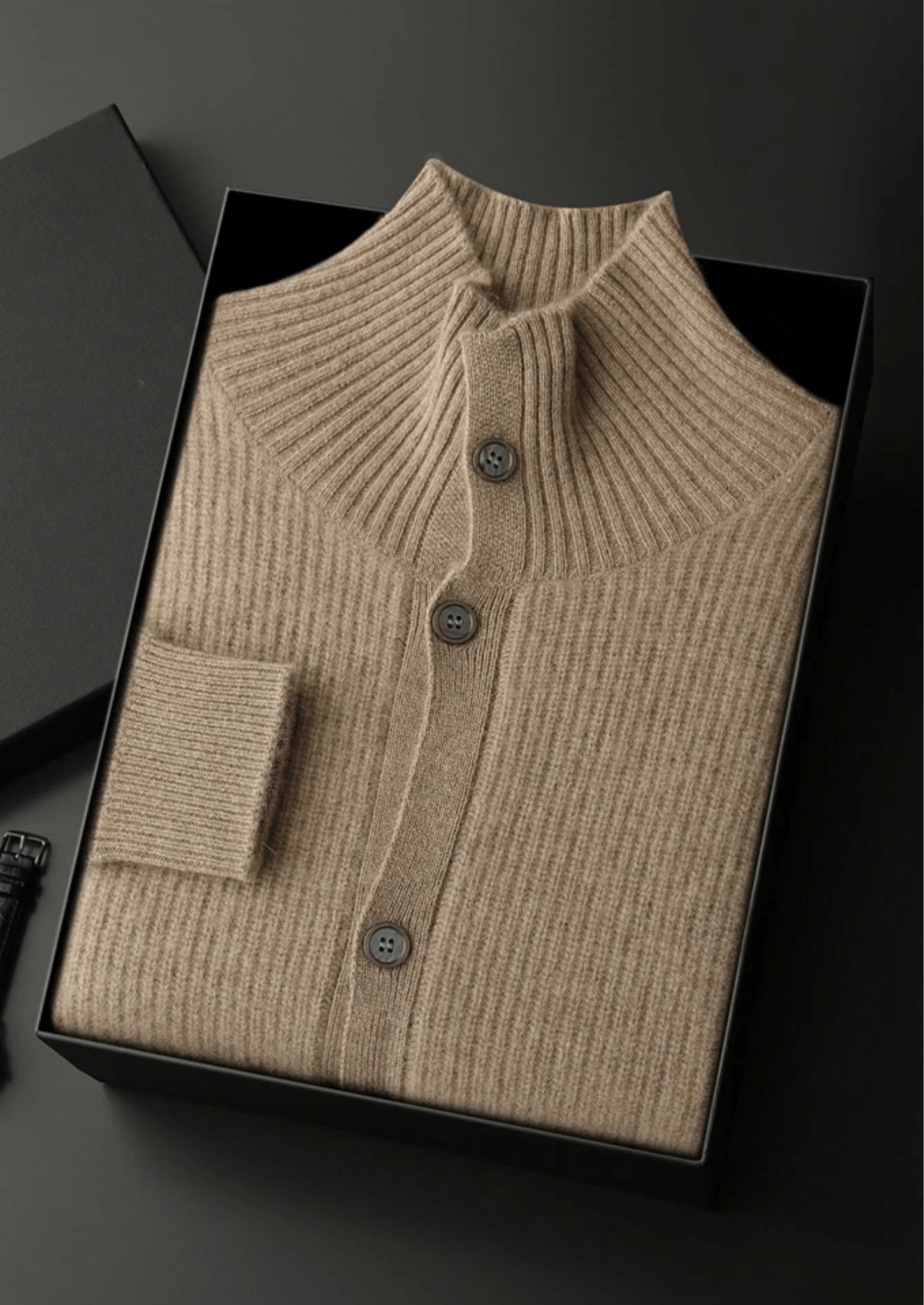 PREMIUM CASHMERE RIBBED HIGH COLLAR CARDIGAN - Derada