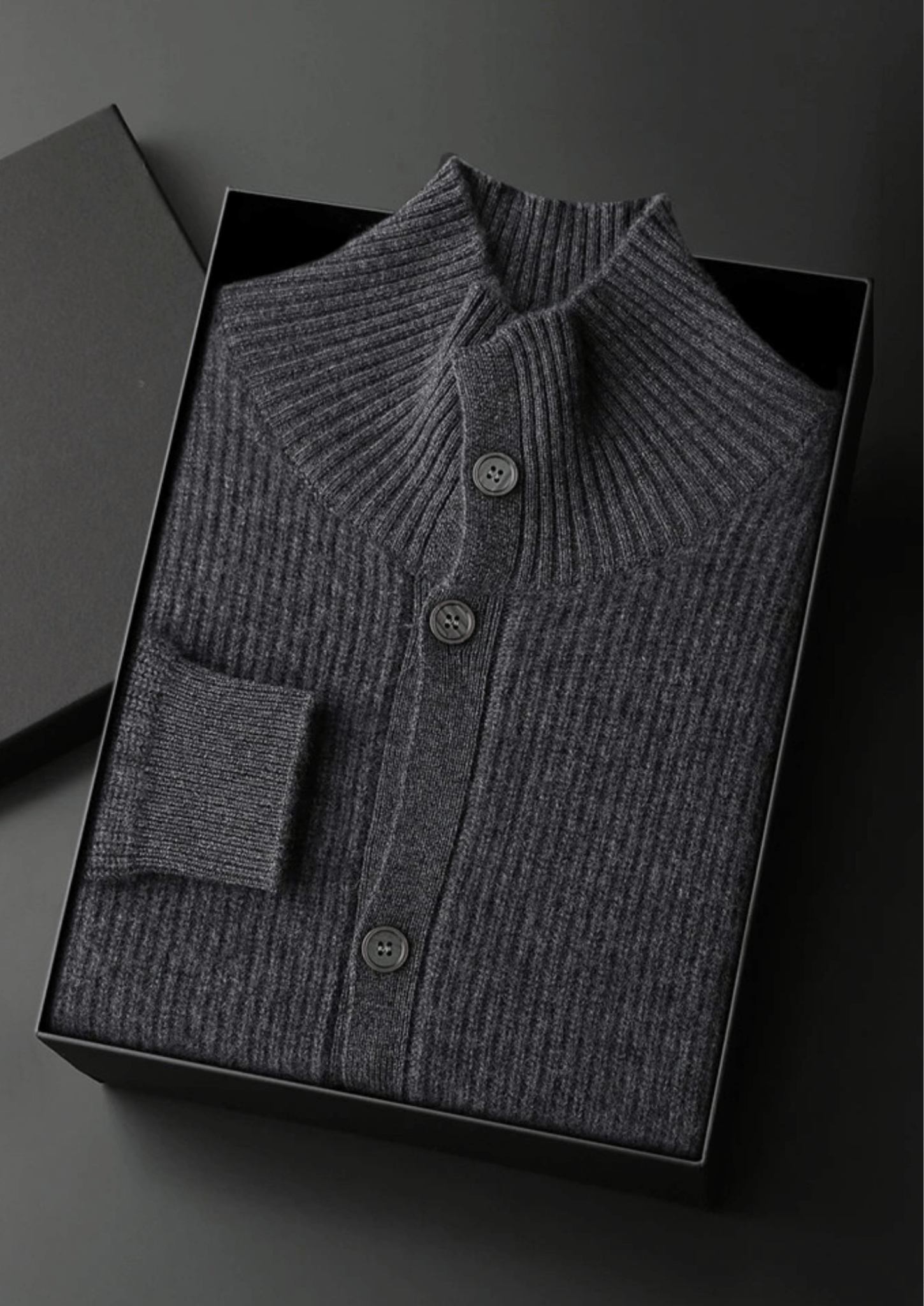 PREMIUM CASHMERE RIBBED HIGH COLLAR CARDIGAN - Derada